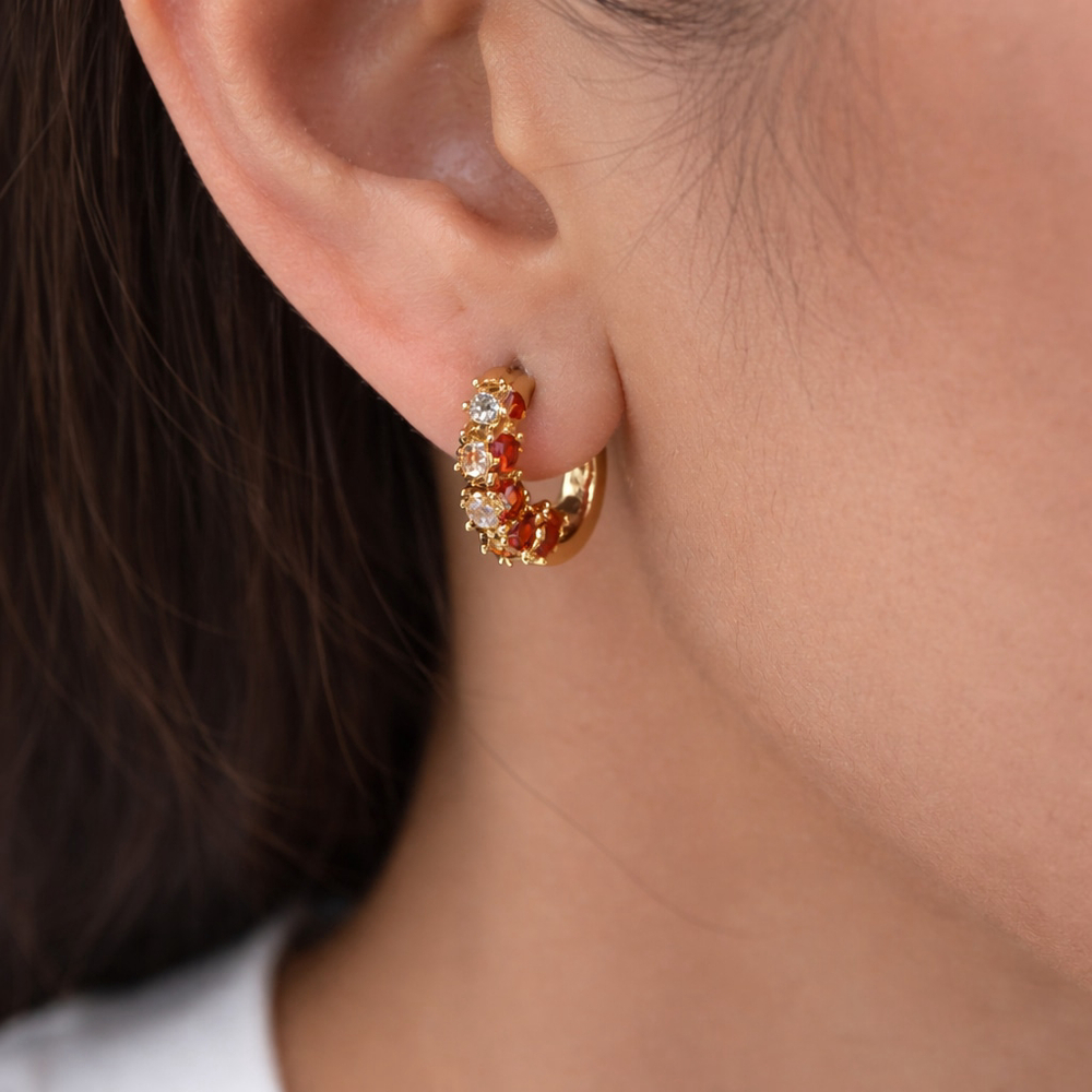 14K Gold Plated Women's Red Baguette Diamond Hoop Earrings Brand New